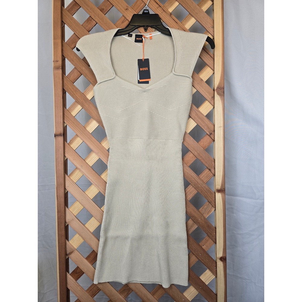 BOSS Foberts Knit Dress Womens Small Beige Ribbed Cap Sleeve - New